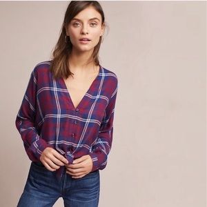 Rails Red and Blue Plaid Button-Front V-Neck Top